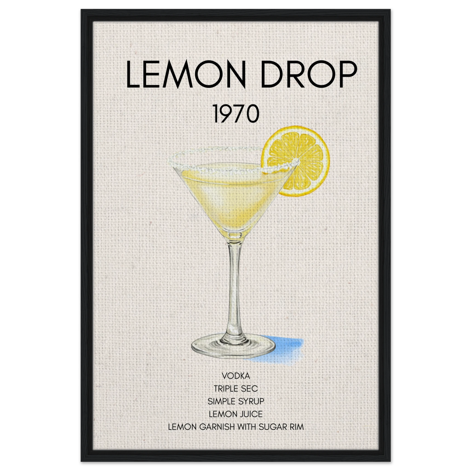 Lemon Drop Martini Cocktail Bar Art Print Black Wood Frame 60x90 cm 24x36″ Framed Canvas