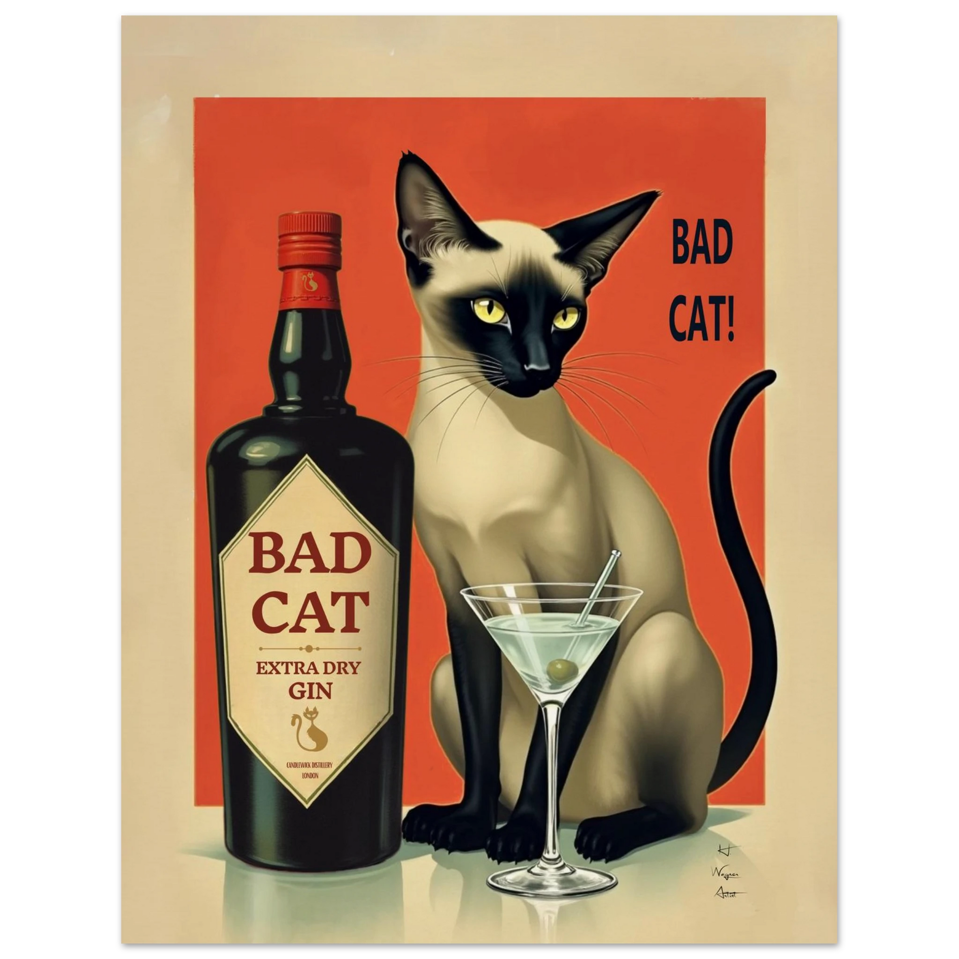 Siamese Cat Gin Martini Cocktail Art Print 27x35 cm 11x14″ Gallery Wrapped Canvas No Frame