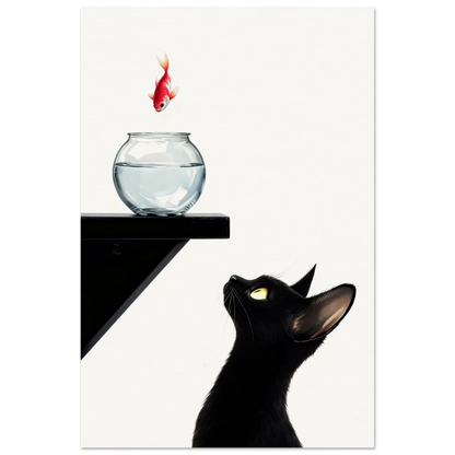 Curious Black Cat Goldfish Minimalist Art Print 40x60 cm 16x24″ Museum-Quality Matte Poster