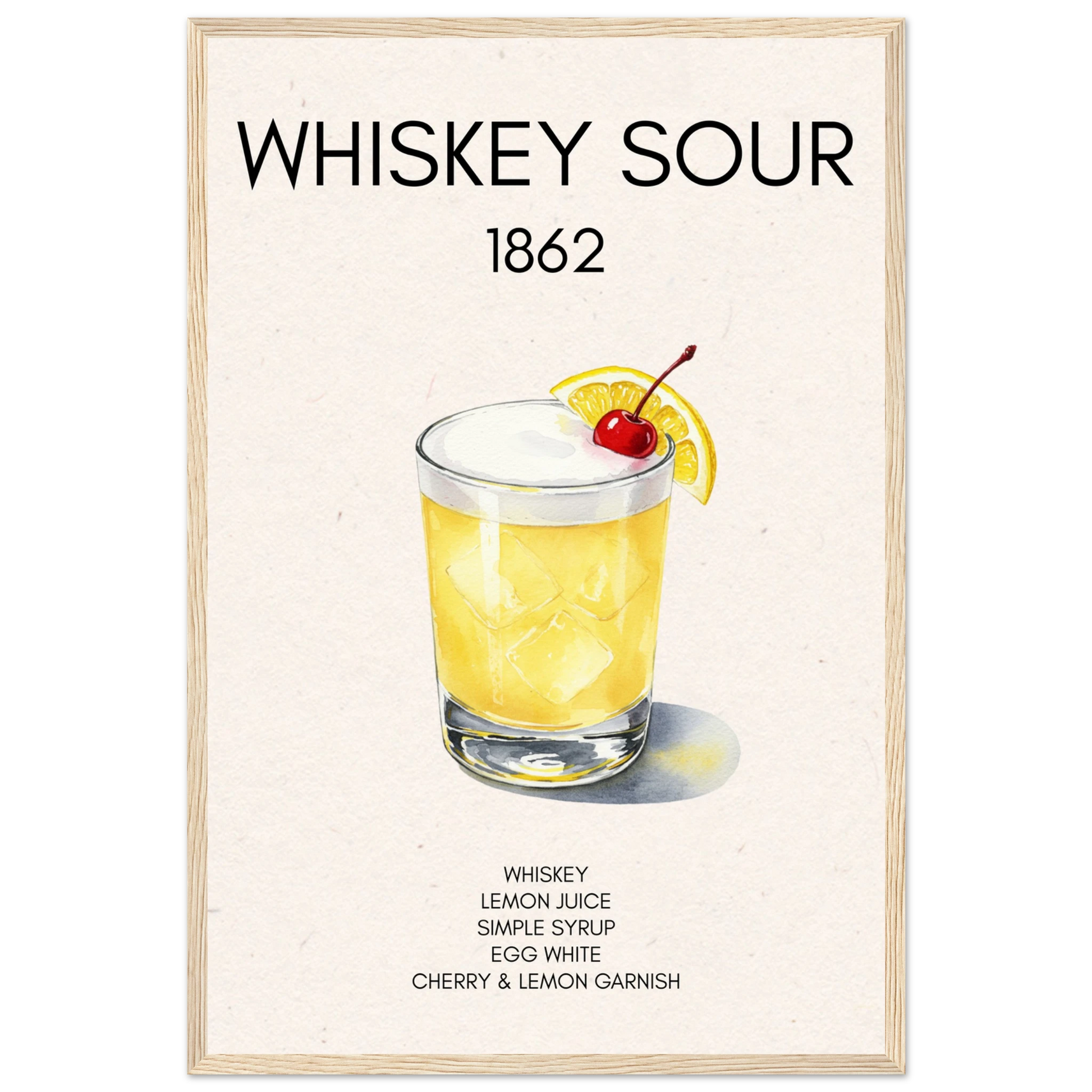 Whiskey Sour Cocktail Bar Art Print Light Wood Frame 40x60 cm 16x24″ Premium Matte Paper Wooden Framed Poster