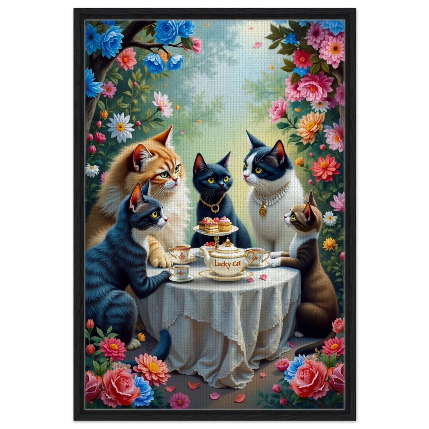 Lucky Cat Tea Party Botanical Art Print 60x90 cm 24x36″ Framed Canvas Black Wood frame