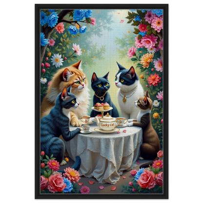 Lucky Cat Tea Party Botanical Art Print 60x90 cm 24x36″ Framed Canvas Black Wood frame
