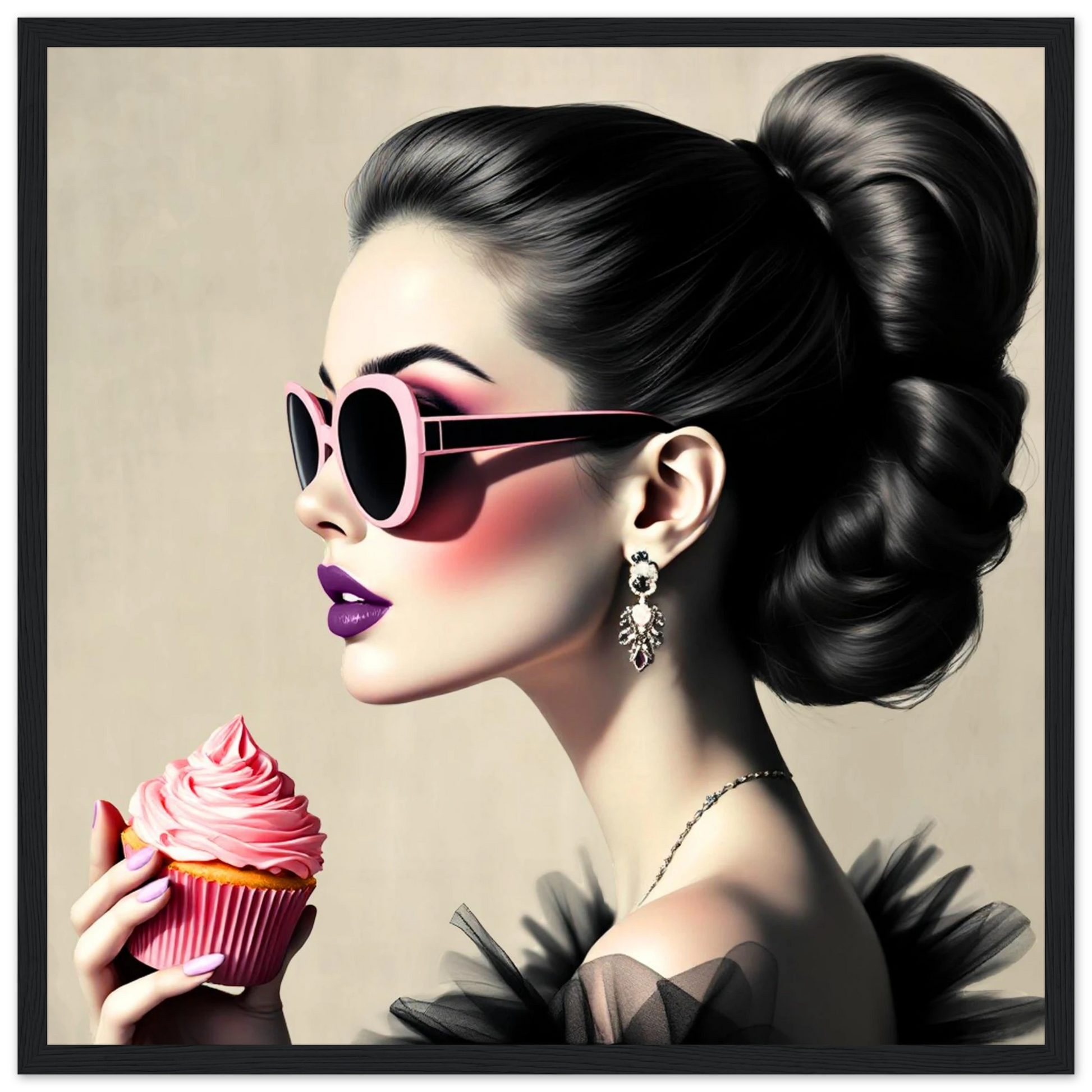 Retro Fashion Model Glam Cupcake Art Print 40x40 cm 16x16″ Classic Matte Paper Wooden Framed Poster