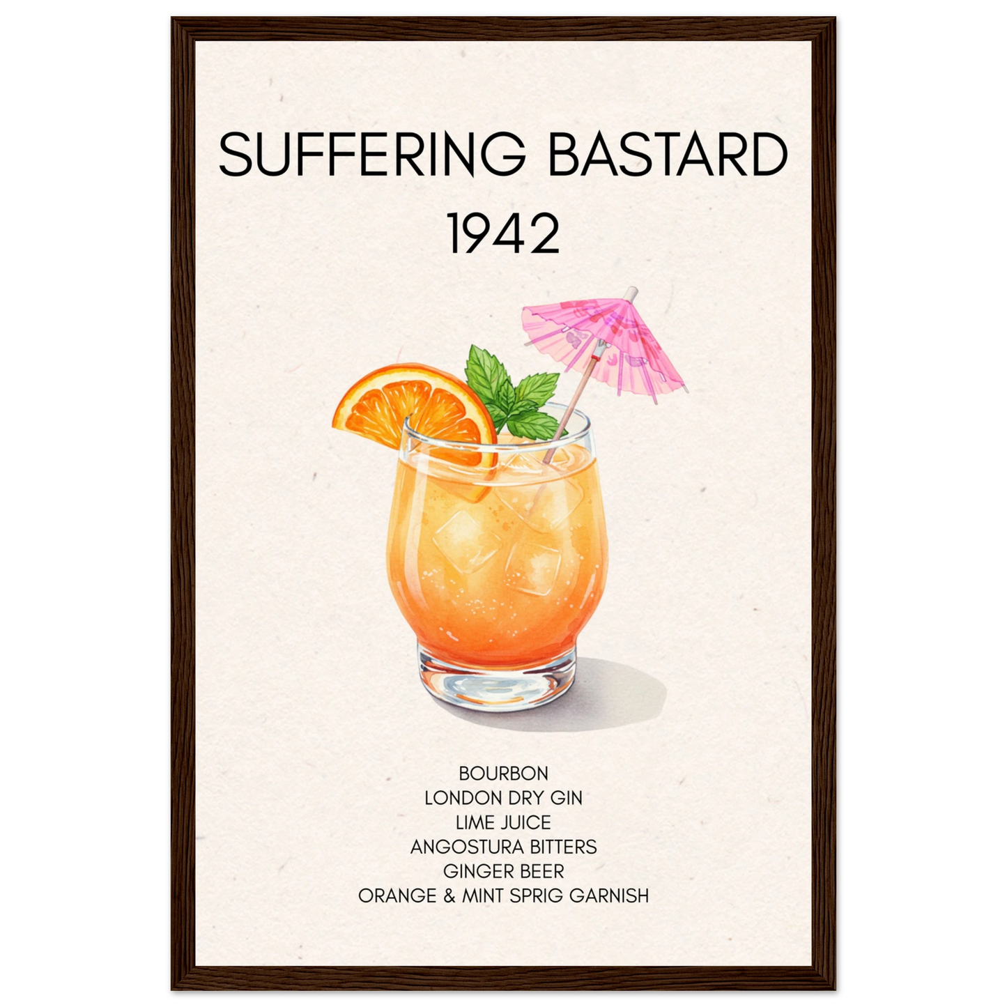 Suffering Bastard Tiki Cocktail Bar Poster Print Dark Brown Wood Frame 30x45 cm 12x18″ Premium Matte Paper Wooden Framed Poster