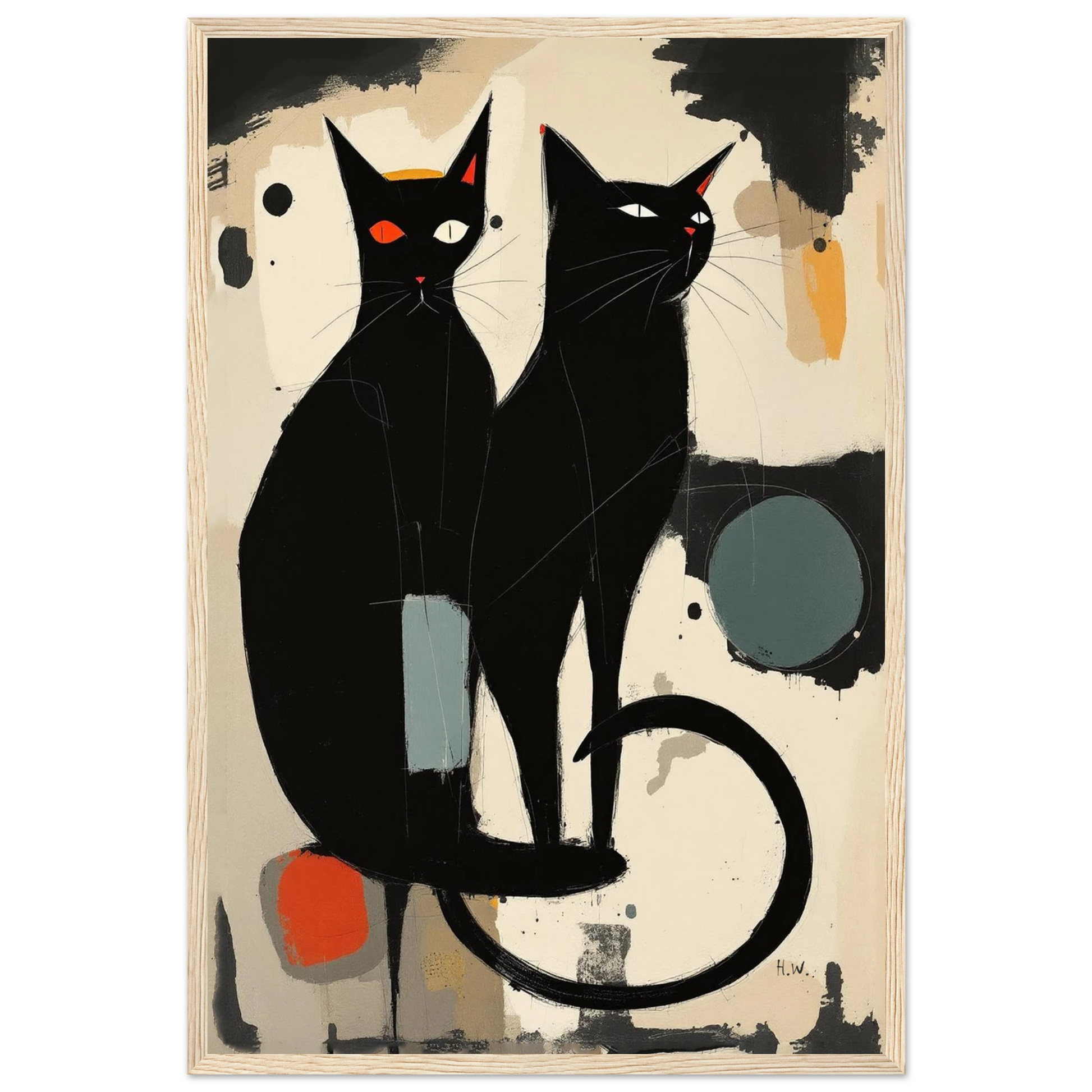Abstract Crazy Cat Duo Art Print Light Wood Frame 40x60 cm 16x24″ Premium Matte Paper Wooden Framed Poster