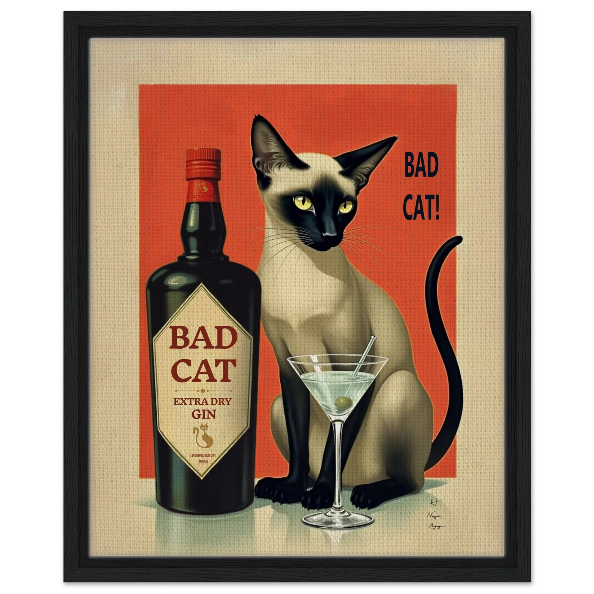 Siamese Cat Gin Martini Cocktail Art Print 27x35 cm 11x14″ Gallery Wrapped Canvas No Frame