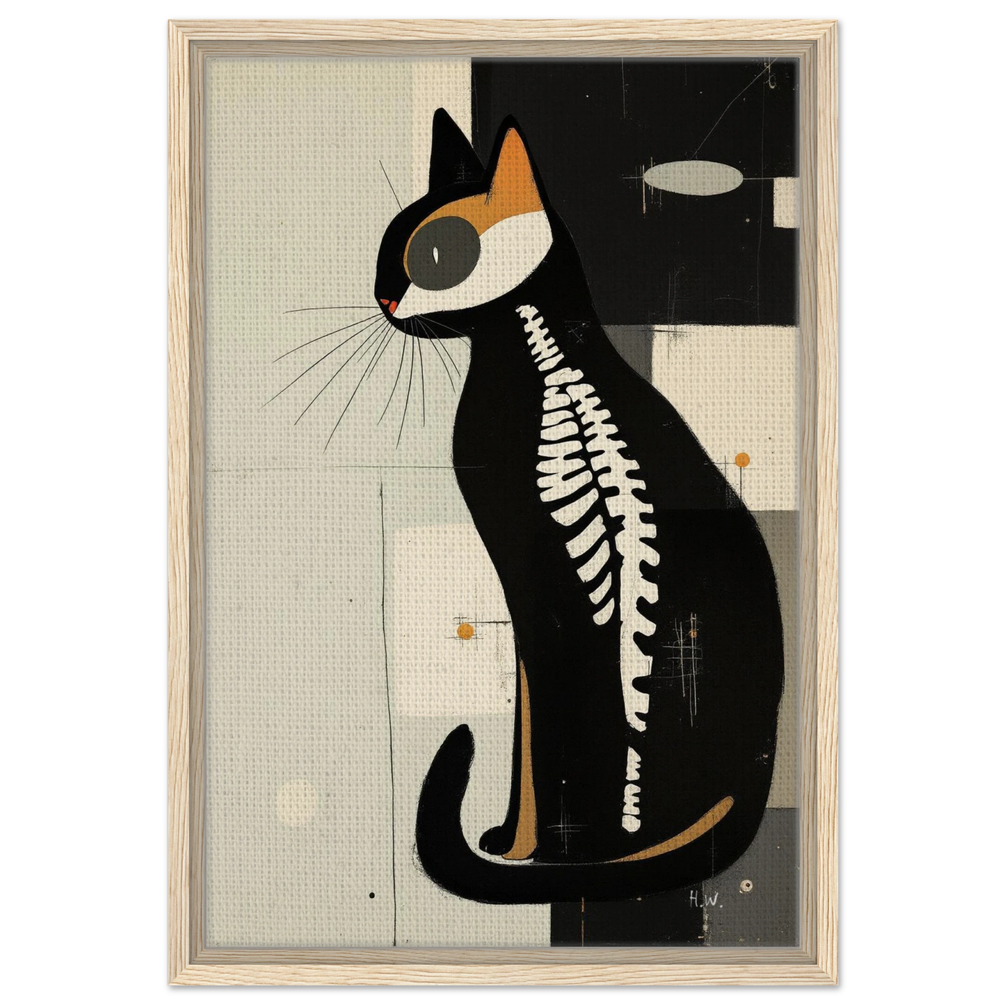 Modern Cat Skeleton Abstract Art Poster Print Light Wood Frame 40x60 cm 16x24″ Framed Canvas