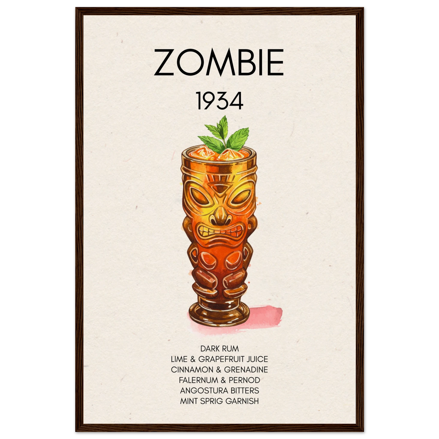Zombie Tiki Cocktail Bar Poster Print Dark Brown Wood Frame 40x60 cm 16x24″ Museum-Quality Matte Paper Wooden Framed Poster