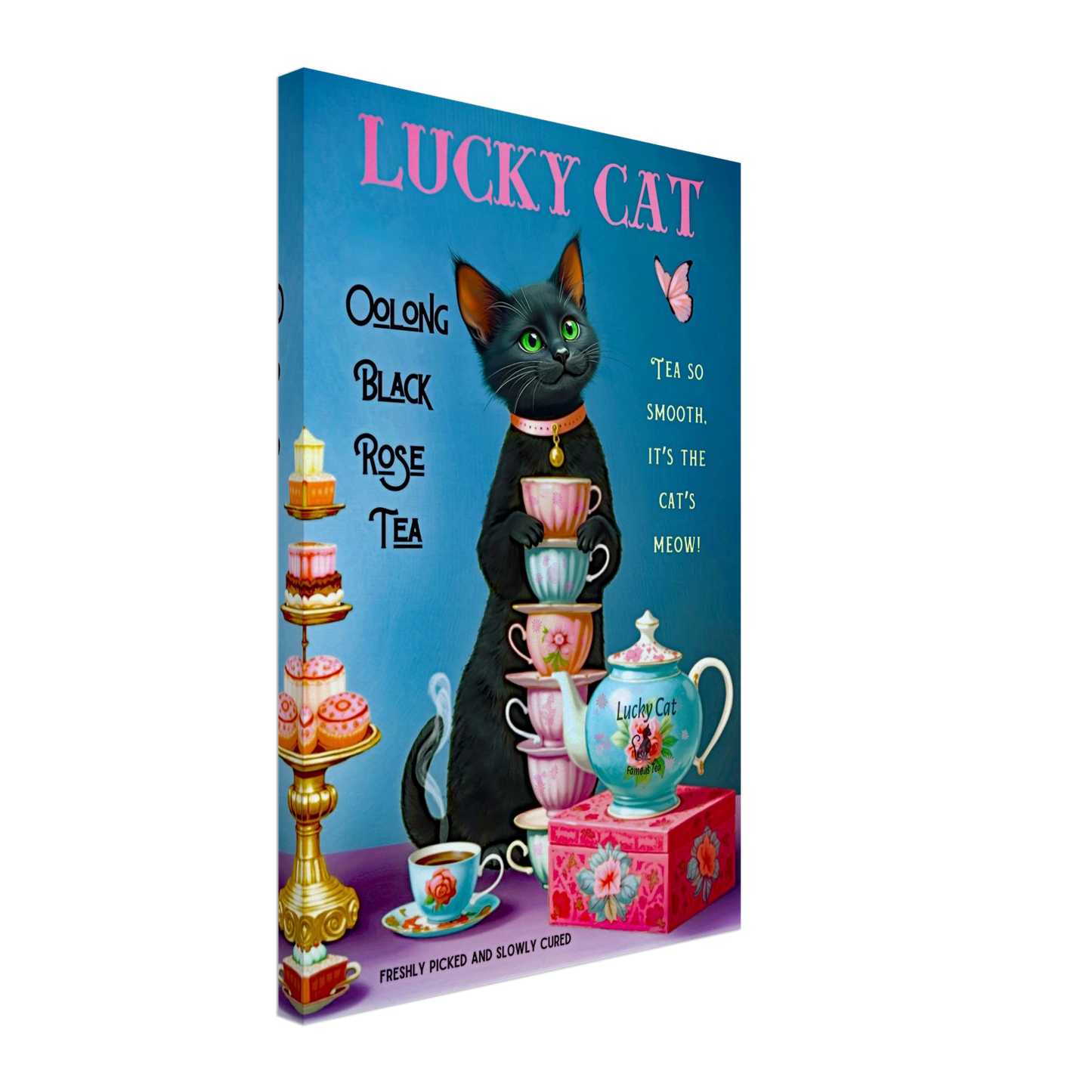 Lucky Cat Vintage Oolong Tea Art Print 40x60 cm 16x24″ Gallery Wrapped Canvas No Frame