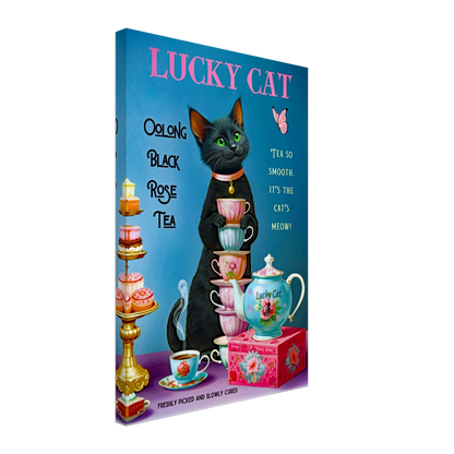 Lucky Cat Vintage Oolong Tea Art Print 40x60 cm 16x24″ Gallery Wrapped Canvas No Frame