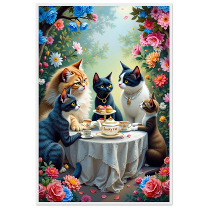 Lucky Cat Tea Party Botanical Art Print 60x90 cm 24x36″ Classic Matte Paper Wooden Framed Poster White Wood Frame