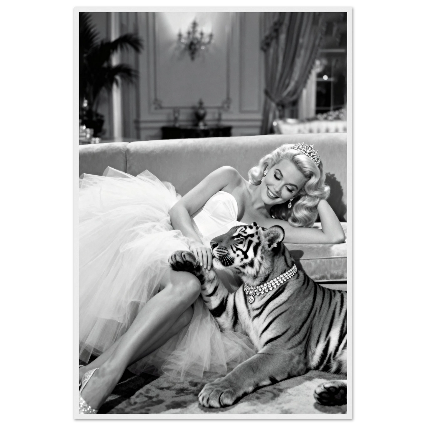 Vintage Hollywood Starlet Tiger Art Print 60x90 cm 24x36″ Premium Matte Framed Poster - White Wood