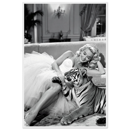 Vintage Hollywood Starlet Tiger Art Print 60x90 cm 24x36″ Premium Matte Framed Poster - White Wood