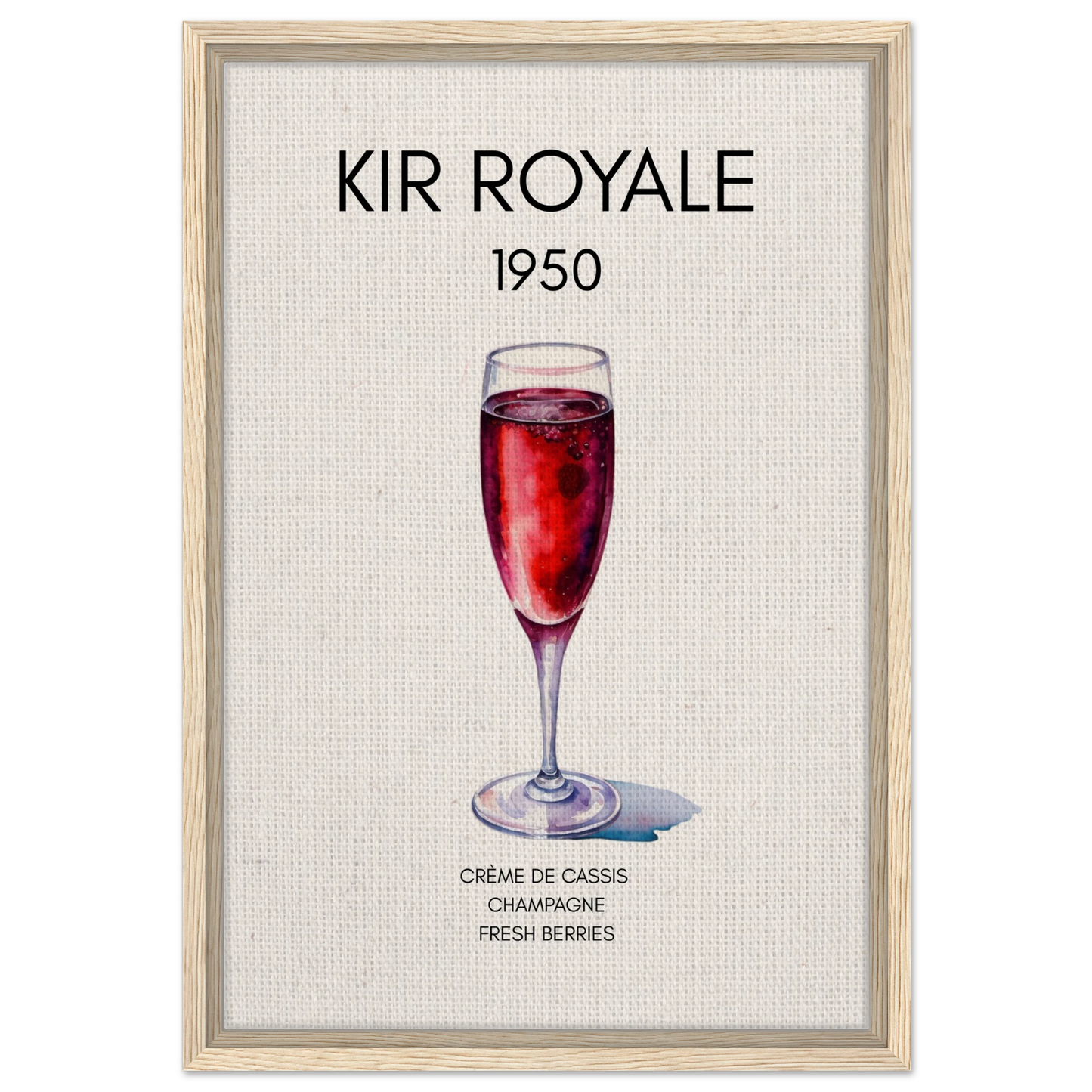 Kir Royale Champagne Cocktail Bar Poster Print Light Wood Frame 40x60 cm 16x24″ Framed Canvas