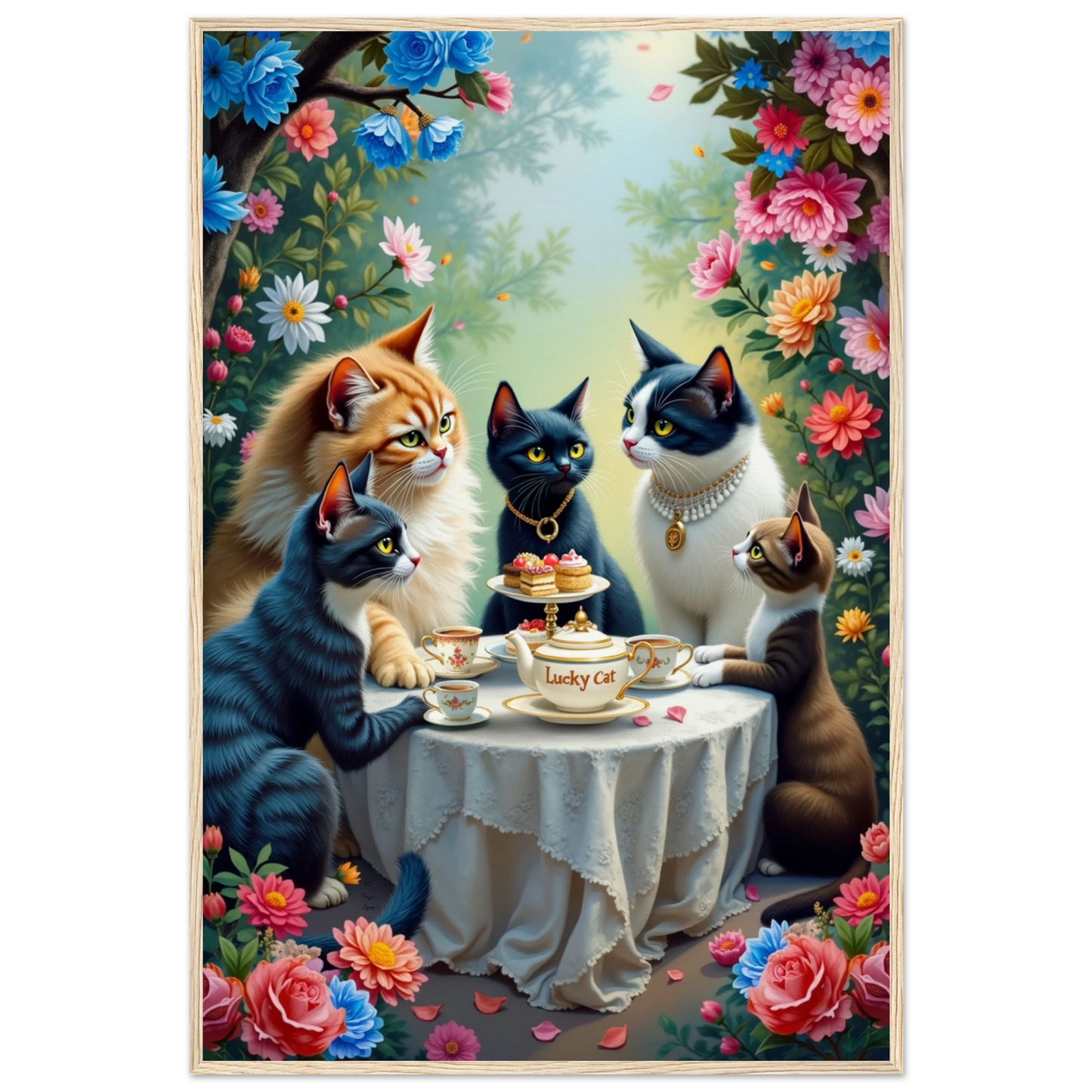 Lucky Cat Tea Party Botanical Art Print 60x90 cm 24x36″ Museum-Quality Matte Paper Wooden Framed Poster Light Wood Frame