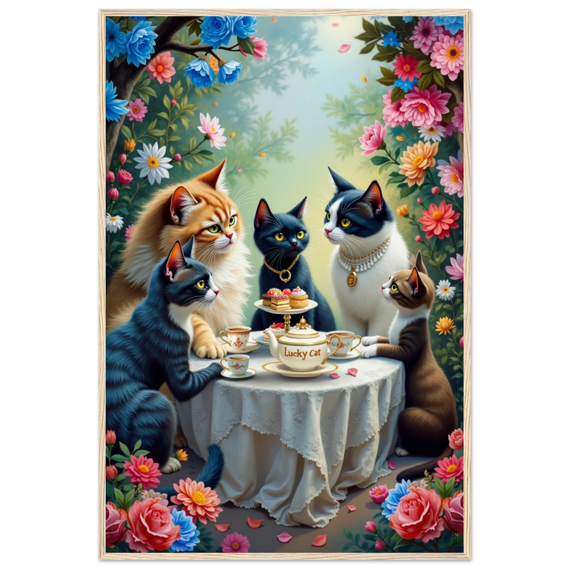 Lucky Cat Tea Party Botanical Art Print 60x90 cm 24x36″ Museum-Quality Matte Paper Wooden Framed Poster Light Wood Frame