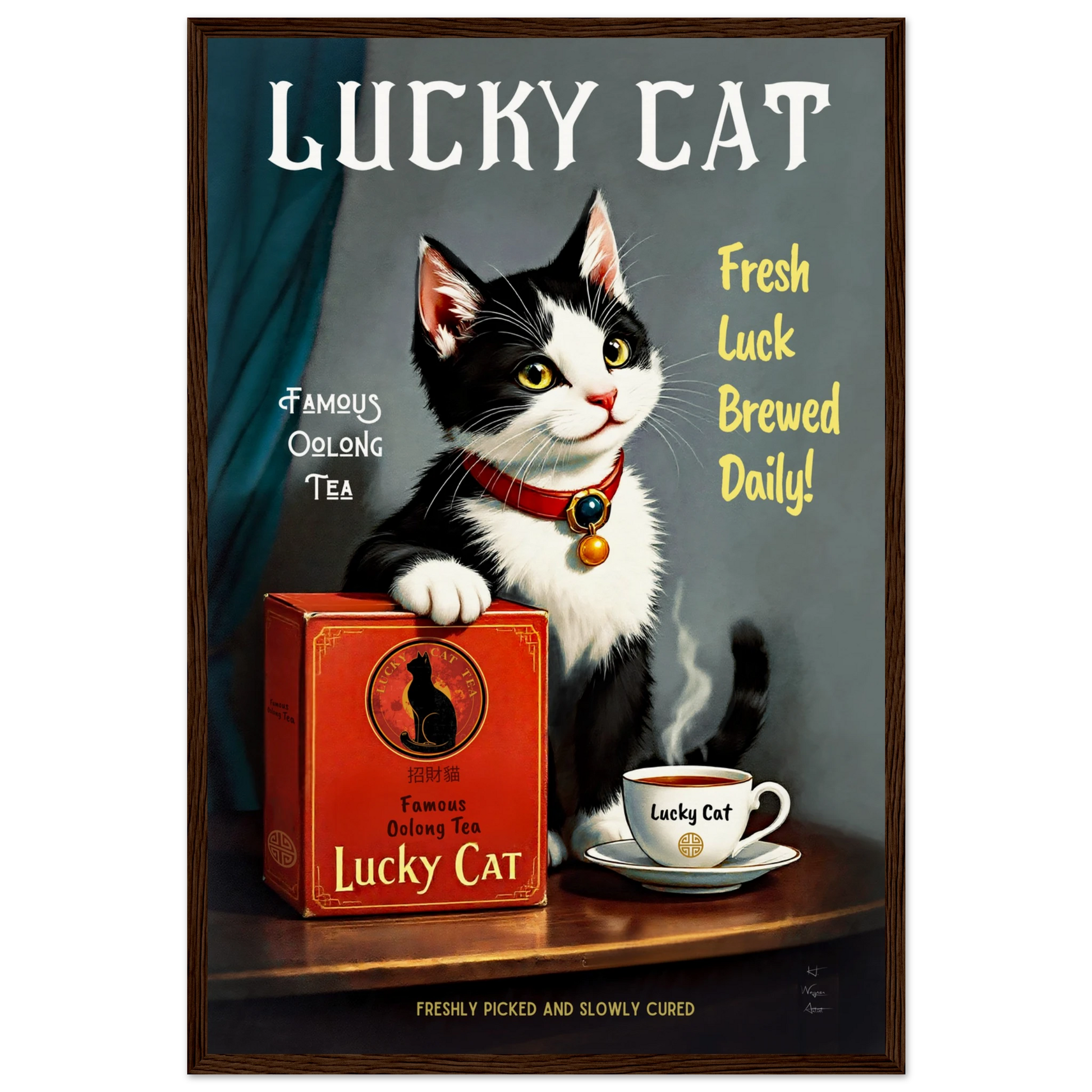 Lucky Tuxedo Cat Tea Kitchen Art Print 40x60 cm 16x24″ Museum-Quality Matte Framed Poster Dark Brown Wood Frame