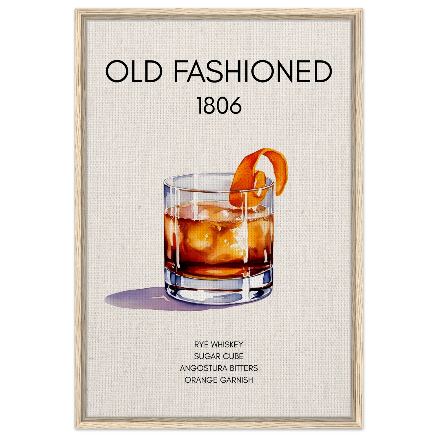 Classic Old Fashioned Cocktail Bar Poster Print Light Wood Frame 60x90 cm 24x36″ Framed Canvas