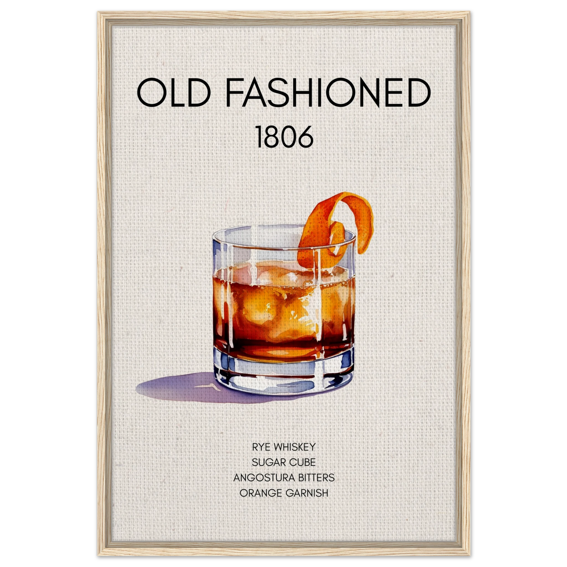 Classic Old Fashioned Cocktail Bar Art Print Light Wood Frame 60x90 cm 24x36″ Framed Canvas