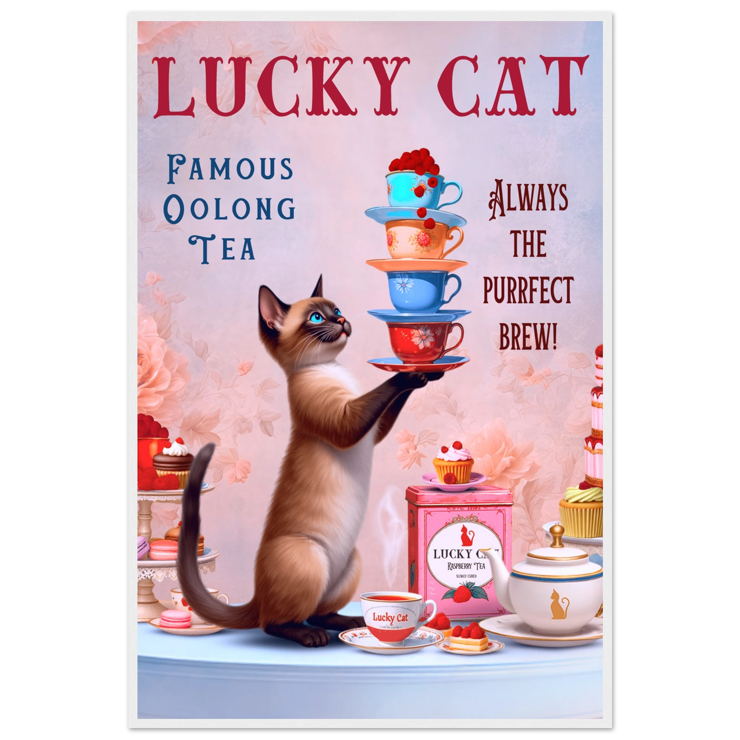 Siamese Lucky Cat Vintage Tea Art Print 60x90 cm 24x36″ Premium Matte Paper Wooden Framed Poster White Wood Frame