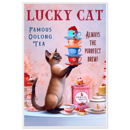 Siamese Lucky Cat Vintage Tea Art Print 60x90 cm 24x36″ Premium Matte Paper Wooden Framed Poster White Wood Frame
