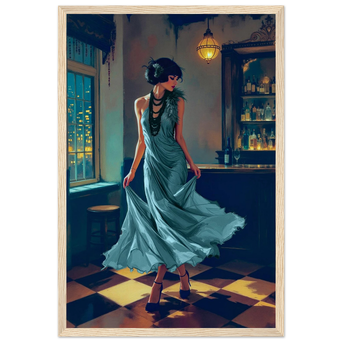 1920s Moonlit Flapper Speakeasy Art Print 30x45 cm 12x18″ Premium Matte Paper Wooden Framed Poster Light Wood Frame
