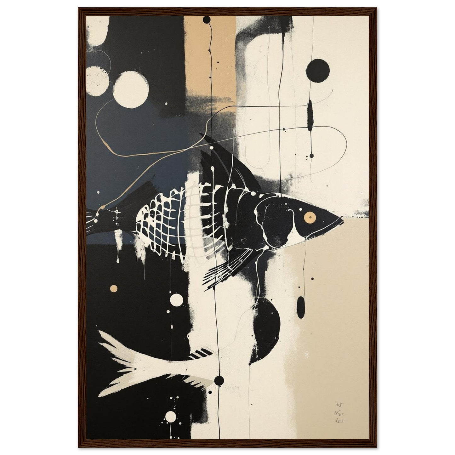 Abstract Fish Art Poster Print – Framed Modern Neutral Wall Décor Dark Brown Wood Frame 40x60 cm 16x24″ Premium Matte Framed Poster