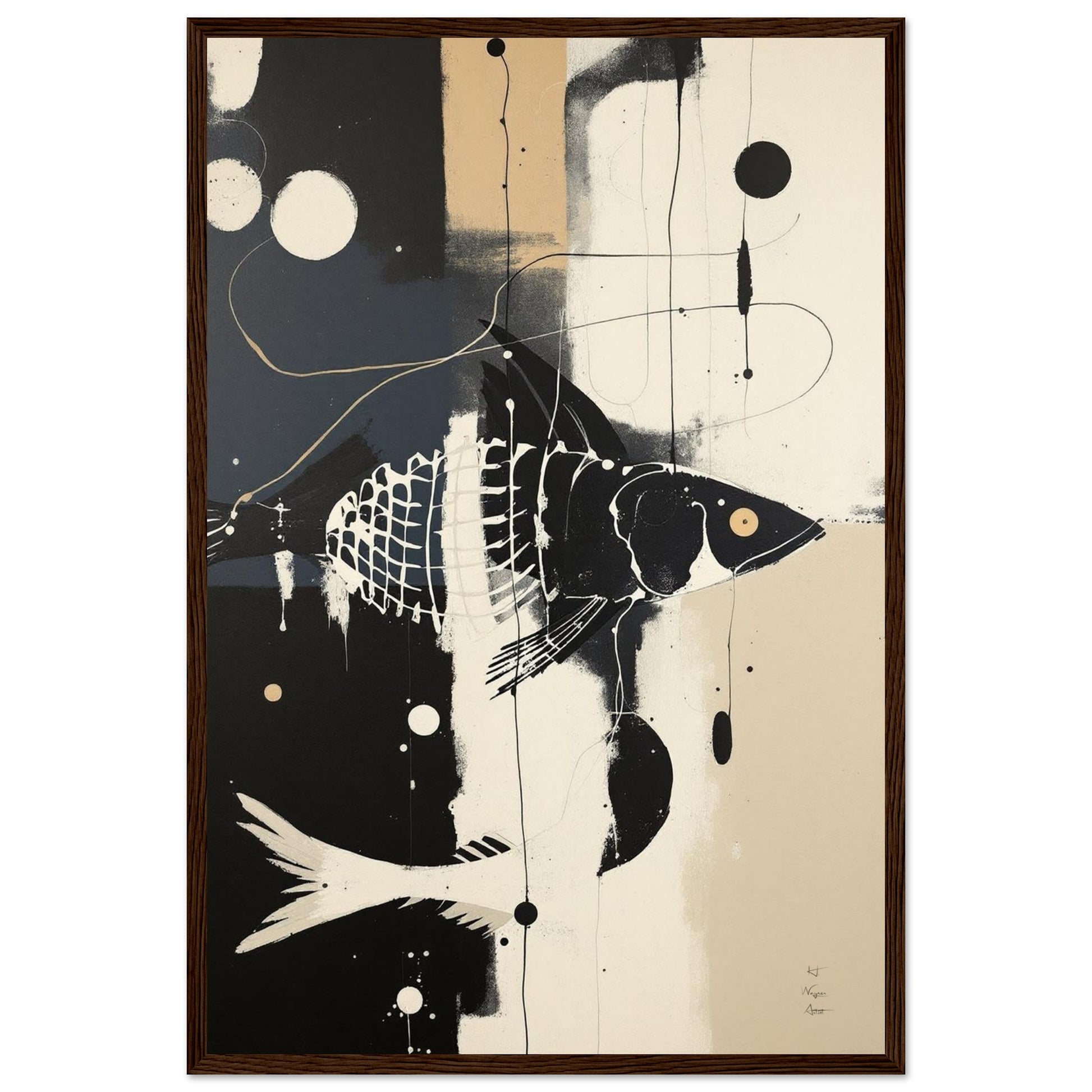 Abstract Fish Art Poster Print – Framed Modern Neutral Wall Décor Dark Brown Wood Frame 40x60 cm 16x24″ Premium Matte Framed Poster