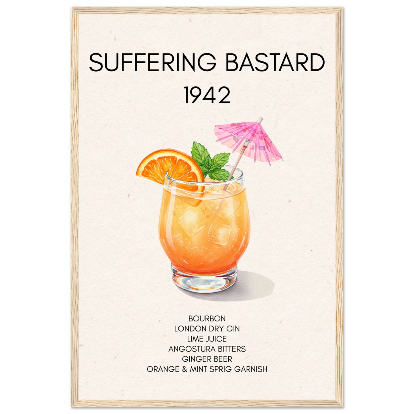 Suffering Bastard Tiki Cocktail Bar Poster Print Light Wood Frame 40x60 cm 16x24″ Premium Matte Paper Wooden Framed Poster