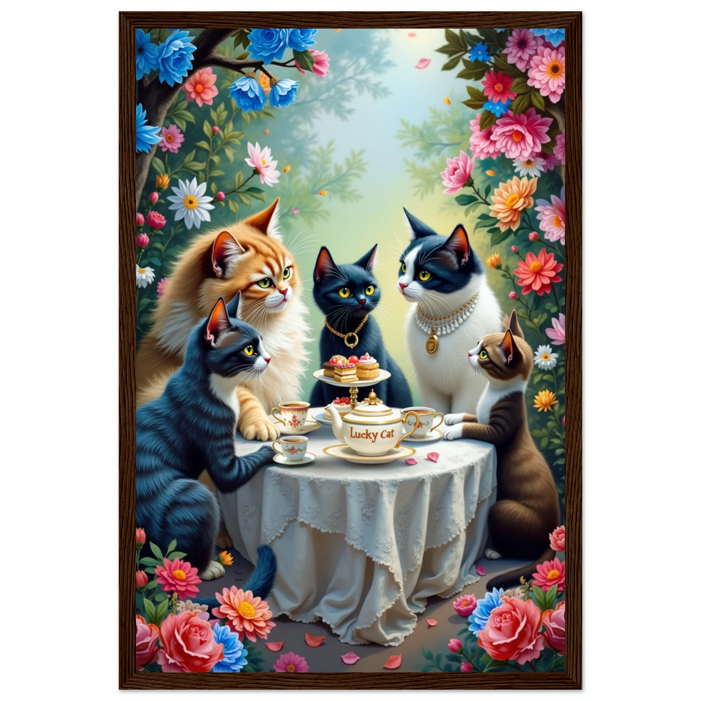 Lucky Cat Tea Party Botanical Art Print 30x45 cm 12x18″ Framed Canvas Light Wood Frame