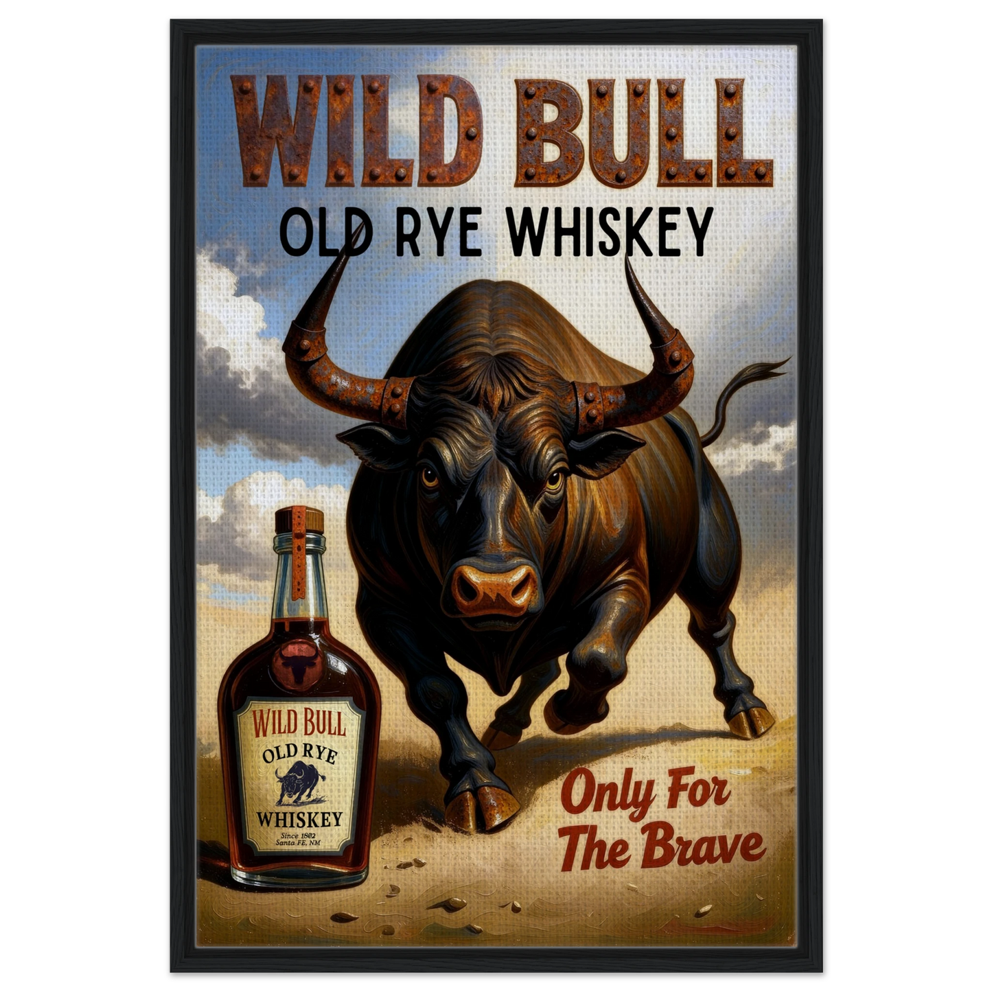 Wild Bull Old West Rye Whiskey Poster Print 60x90 cm 24x36″ Framed Canvas Black Wood Frame