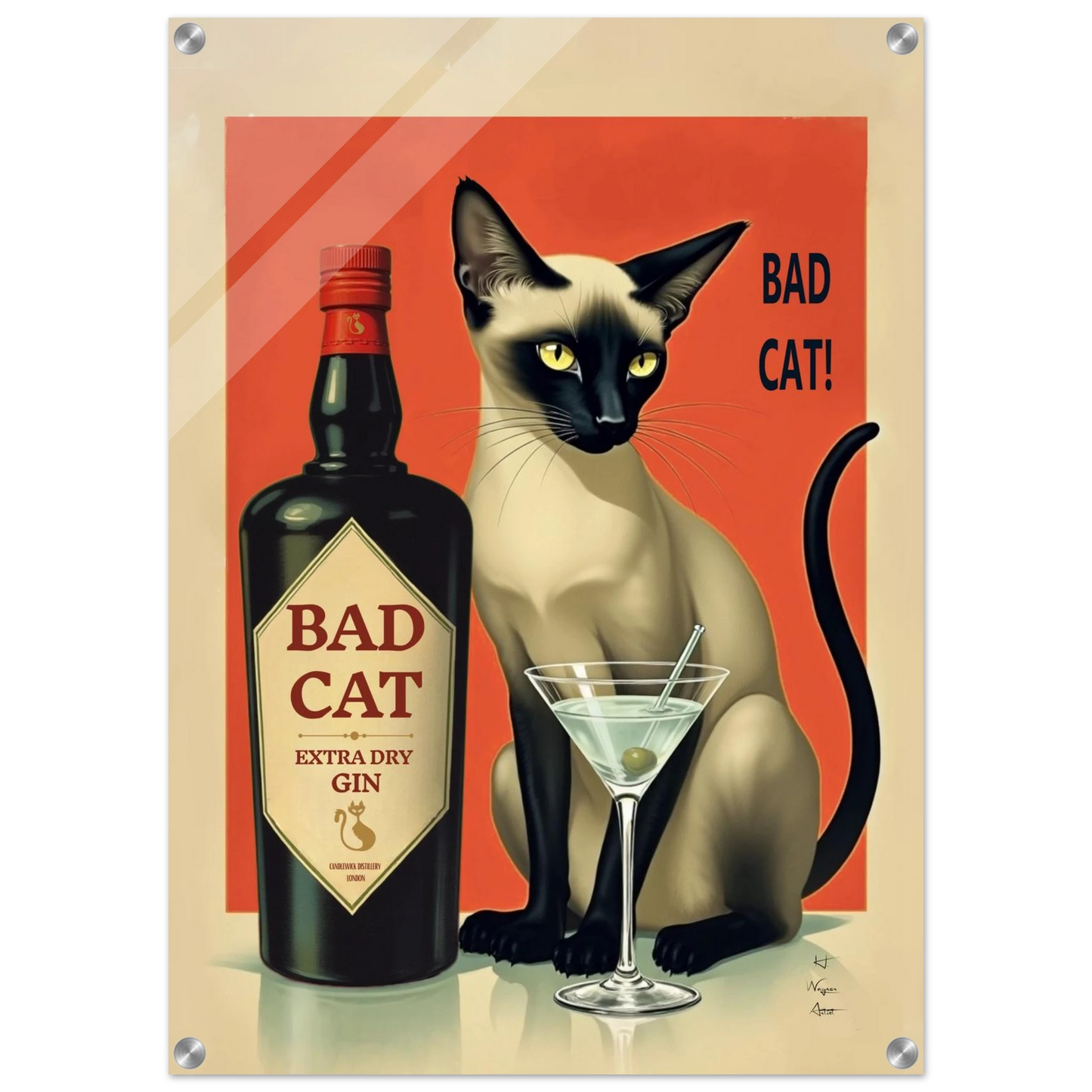 Siamese Cat Gin Martini Cocktail Art Print 50x70 cm 20x28″ Sleek Acrylic Print No Frame