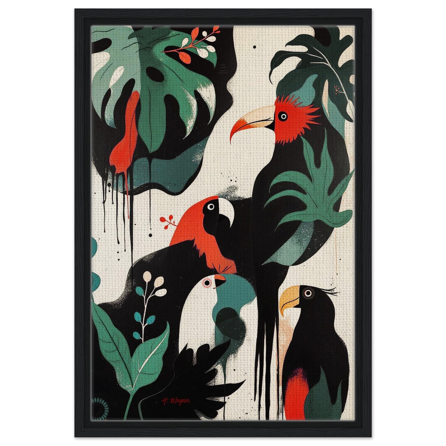 Mid-Century Modern Exotic Bird Art Poster Print - Framed Tropical Parrot Wall Décor Black Wood Frame 40x60 cm 16x24″ Framed Canvas