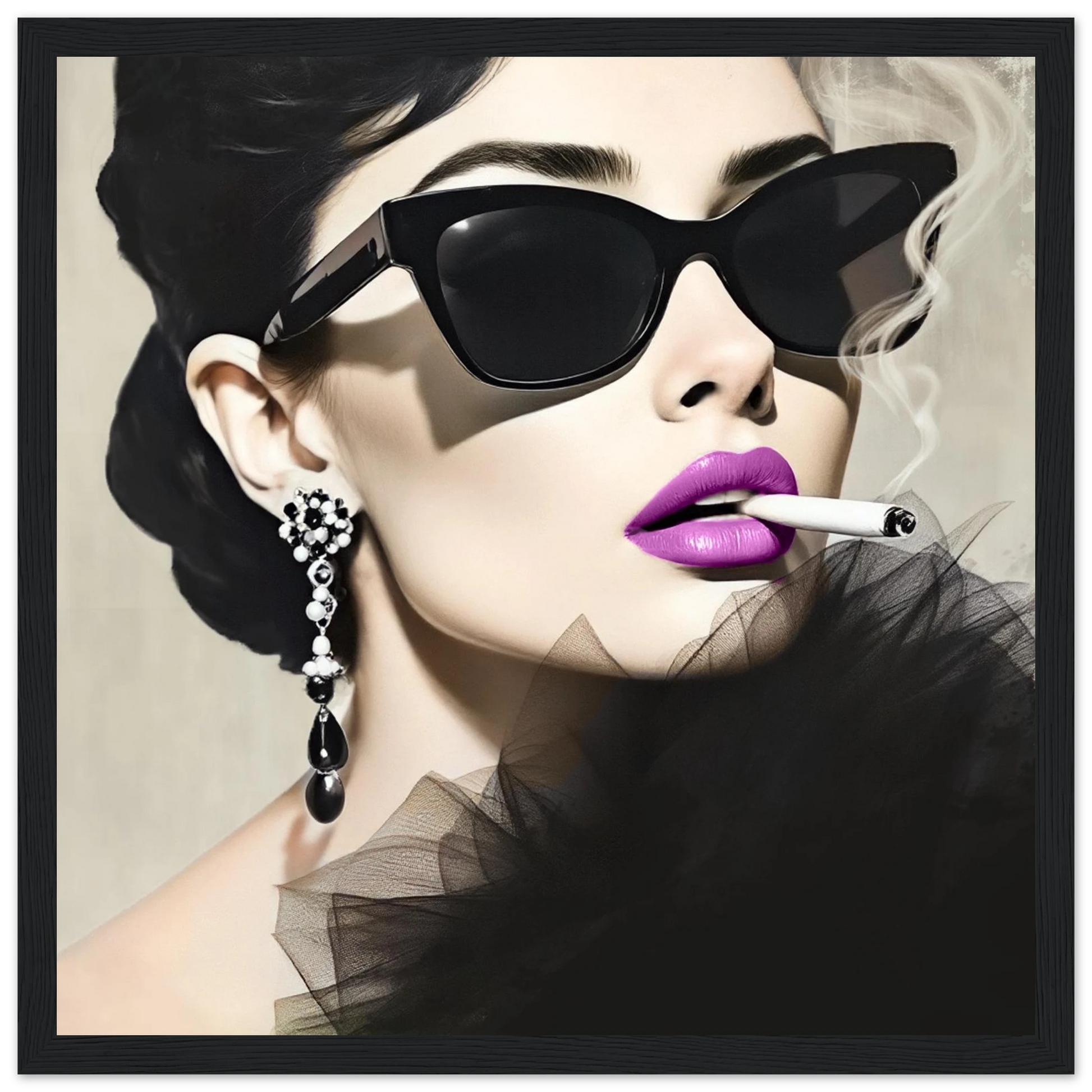 Smoking Girl Retro Fashion Model Art Print 30x30 cm 12x12″ Classic Matt Wooden Framed Poster