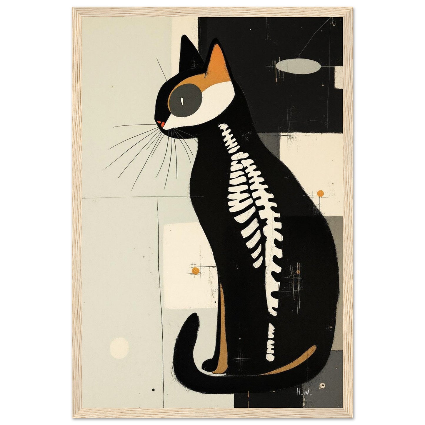 Modern Cat Skeleton Abstract Art Poster Print Dark Brown Wood Frame 60x90 cm 24x36″ Classic Matte Paper Wooden Framed Poster
