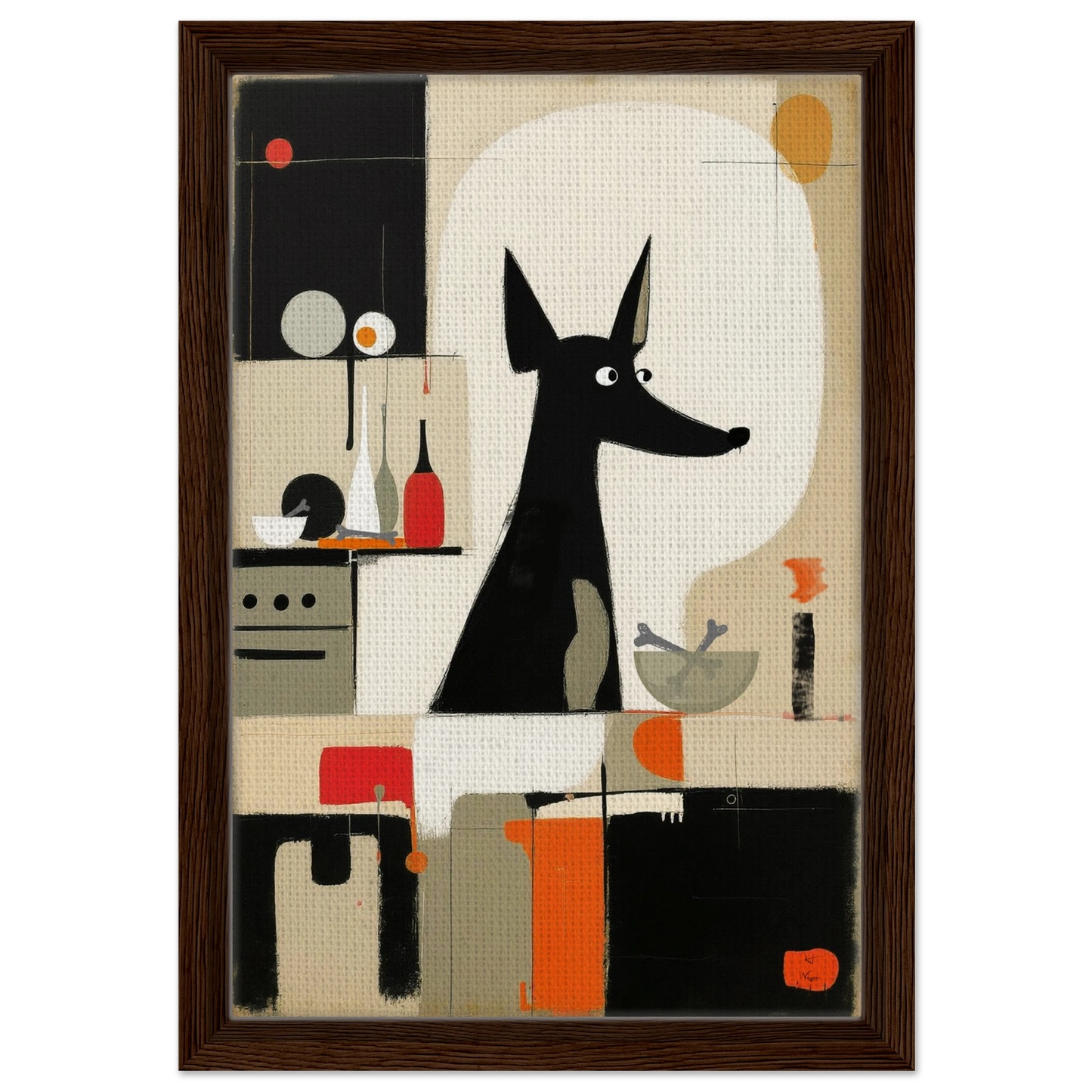 Modern Quirky Abstract Dog Art Print Dark Brown Wood Frame 30x45 cm 12x18″ Framed Canvas