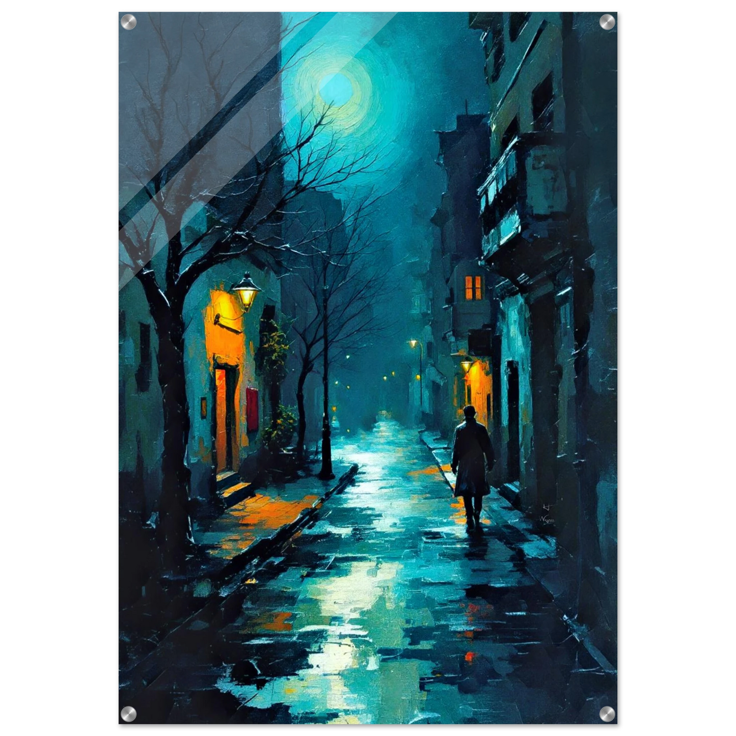 Blue Moon Night Street Scene Art Print 70x100 cm 28x40″ Sleek Acrylic Print No Frame