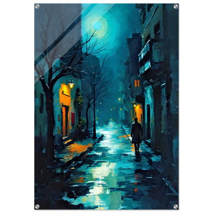 Blue Moon Night Street Scene Art Print 70x100 cm 28x40″ Sleek Acrylic Print No Frame