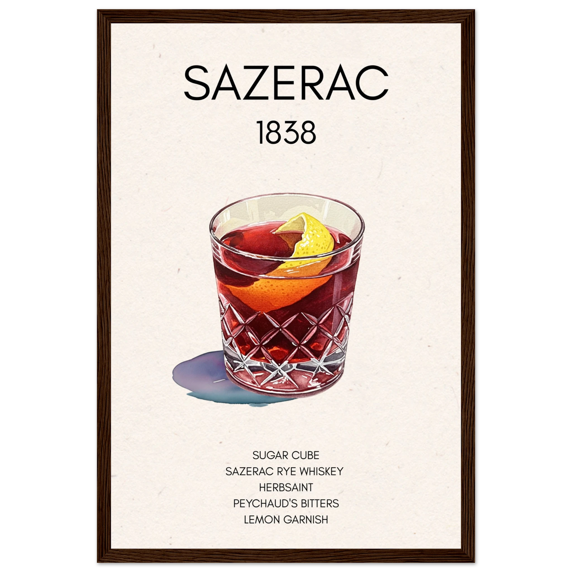 Sazerac Cocktail Bar Art Print Dark Brown Wood Frame 30x45 cm 12x18″ Premium Matte Paper Wooden Framed Poster