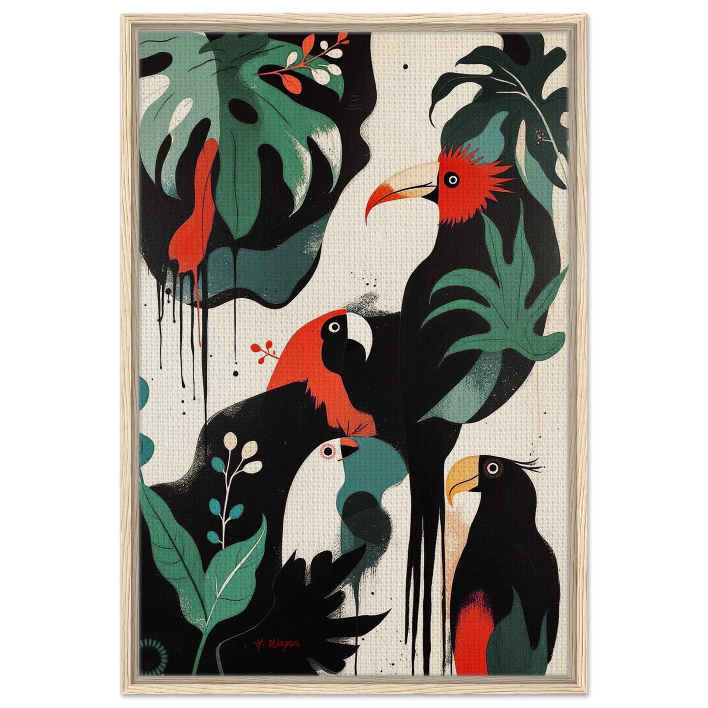 Mid-Century Modern Exotic Bird Art Poster Print - Framed Tropical Parrot Wall Décor Light Wood Frame 60x90 cm 24x36″ Framed Canvas