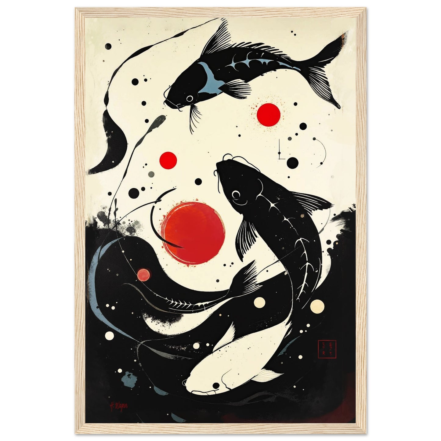 Mid-Century Modern Koi Fish Art Poster Print – Framed Abstract Black White Wall Décor 30x45 cm 12x18″ Premium Matte Framed Poster Light Wood Frame