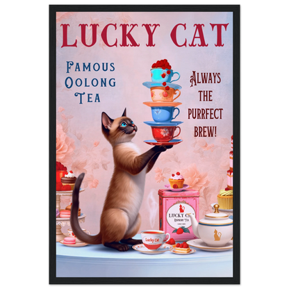 Siamese Lucky Cat Vintage Tea Art Print 30x45 cm 12x18″ Museum-Quality Matte Paper Wooden Framed Poster Black Wood Frame