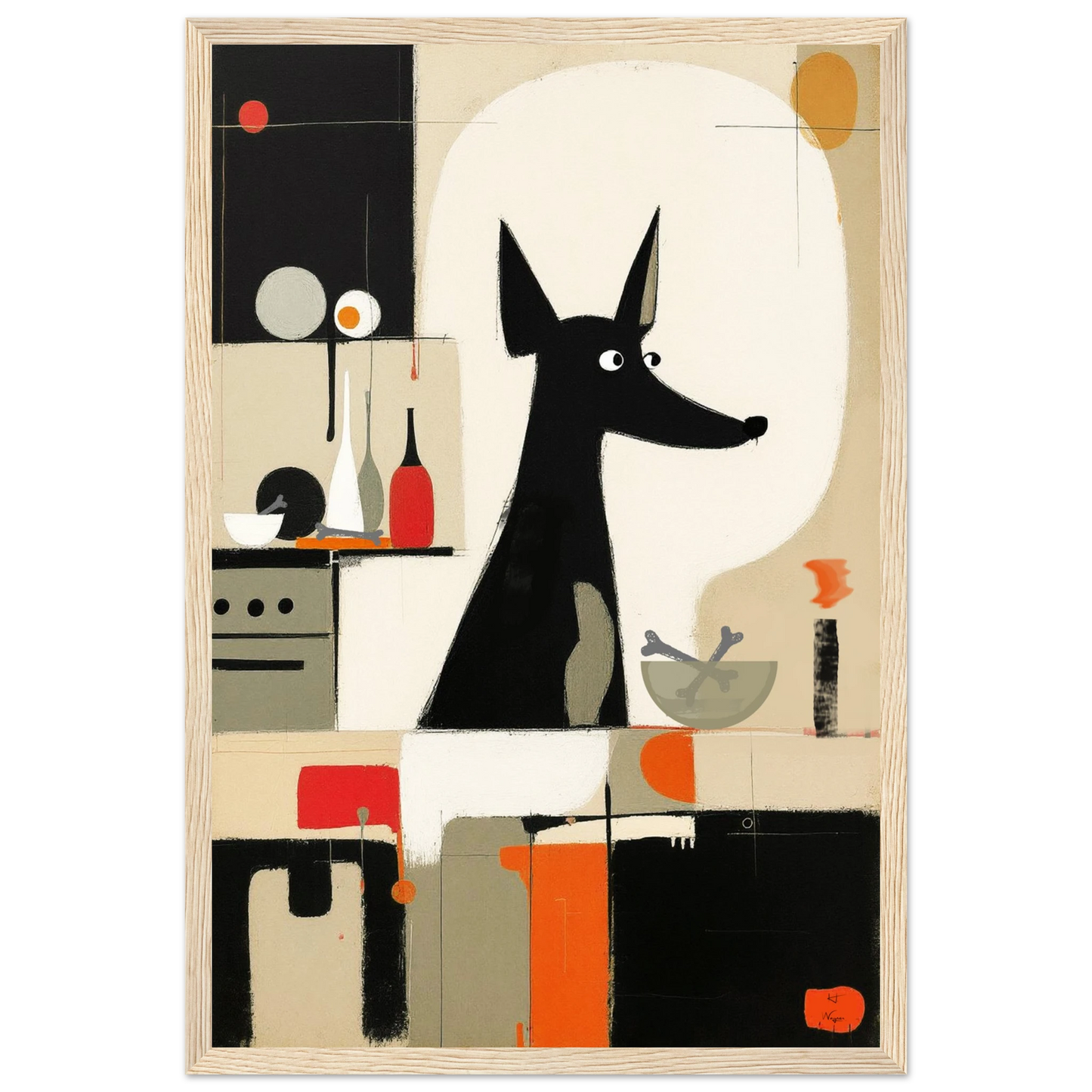 Modern Quirky Abstract Dog Art Print Light Wood Frame 30x45 cm 12x18″ Premium Matte Paper Wooden Framed Poster