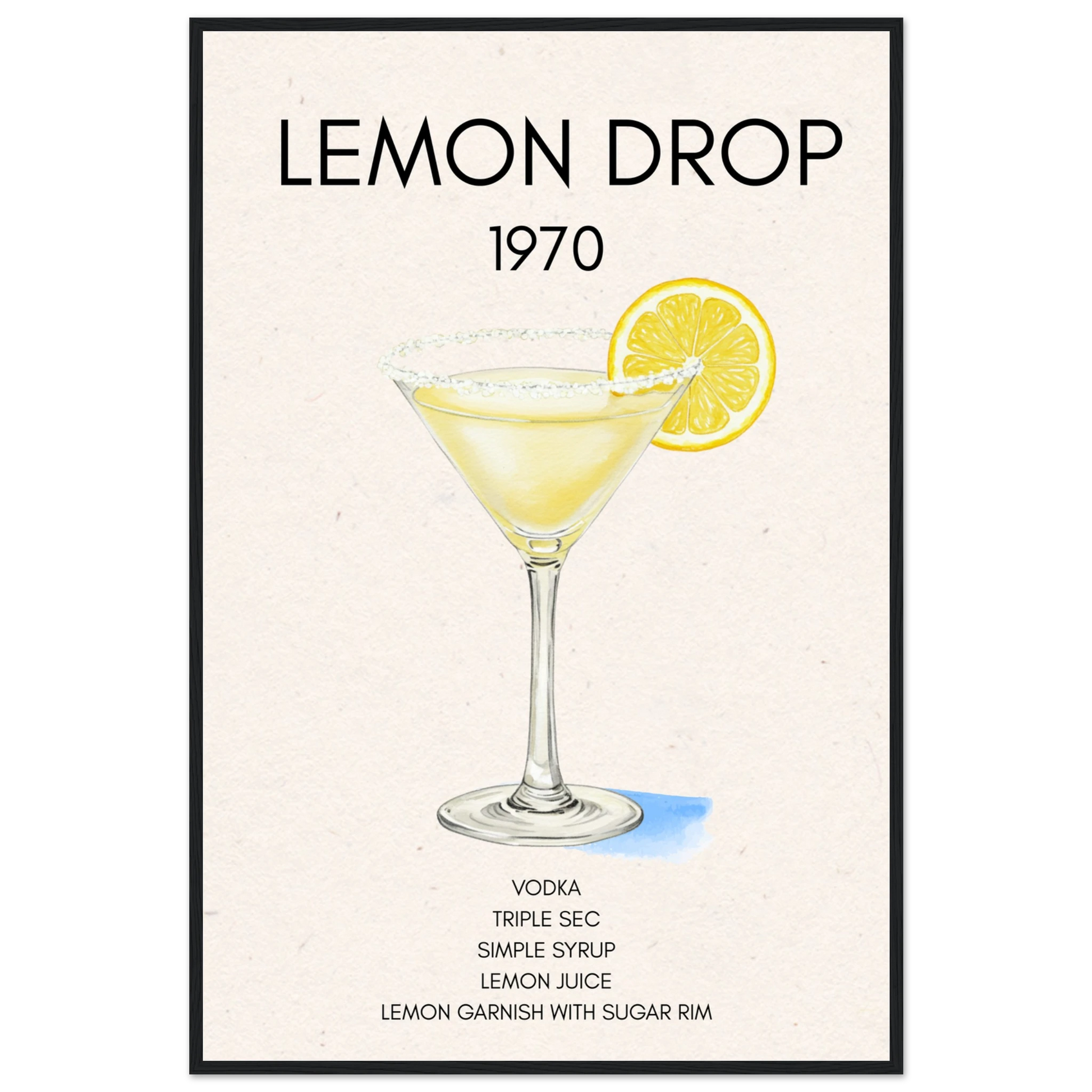 Lemon Drop Martini Cocktail Bar Art Print Black Wood Frame 60x90 cm 24x36″ Premium Matte Paper Wooden Framed Poster