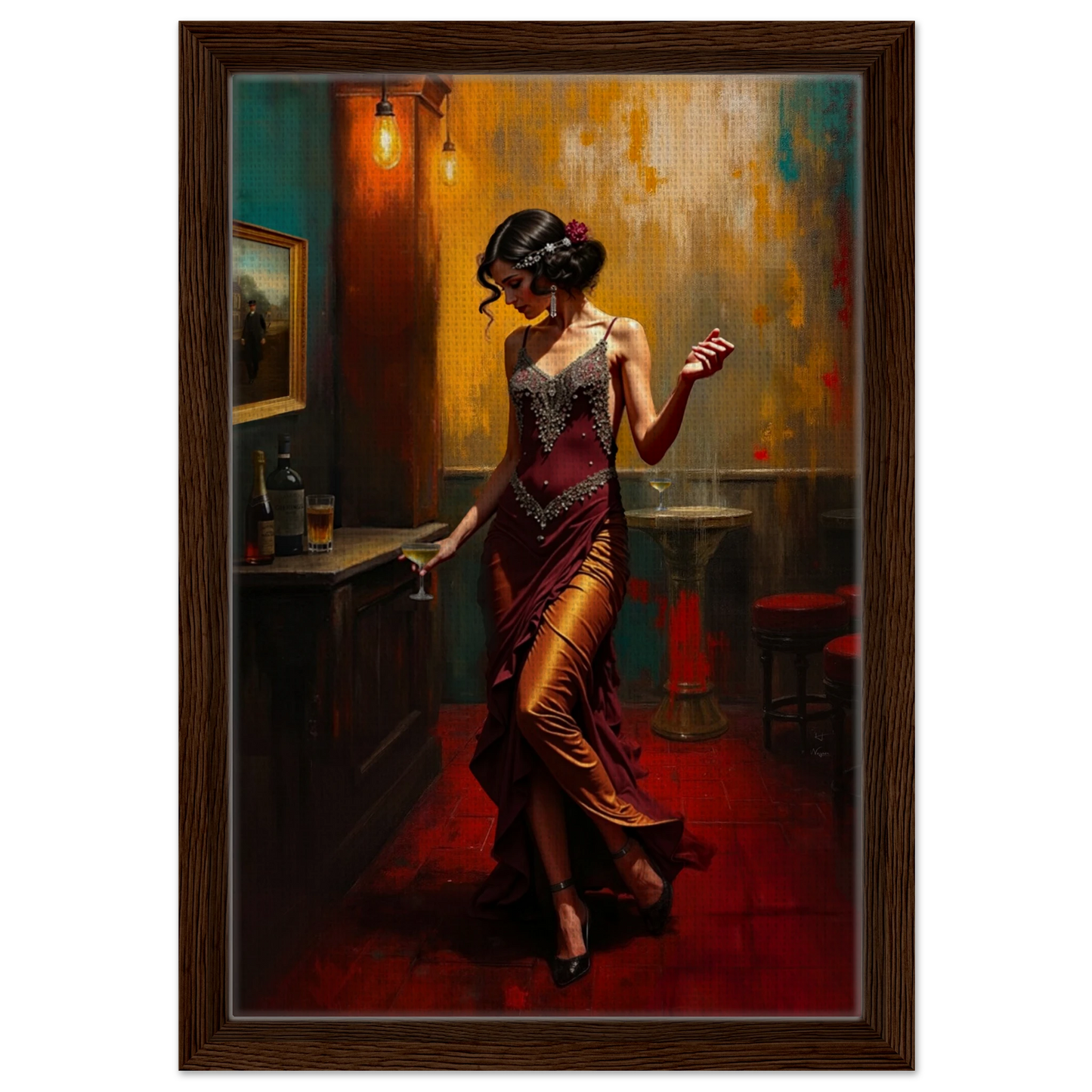 Speakeasy Flapper Art Prohibition Poster Print Dark Brown Wood Frame 30x45 cm 12x18″ Framed Canvas