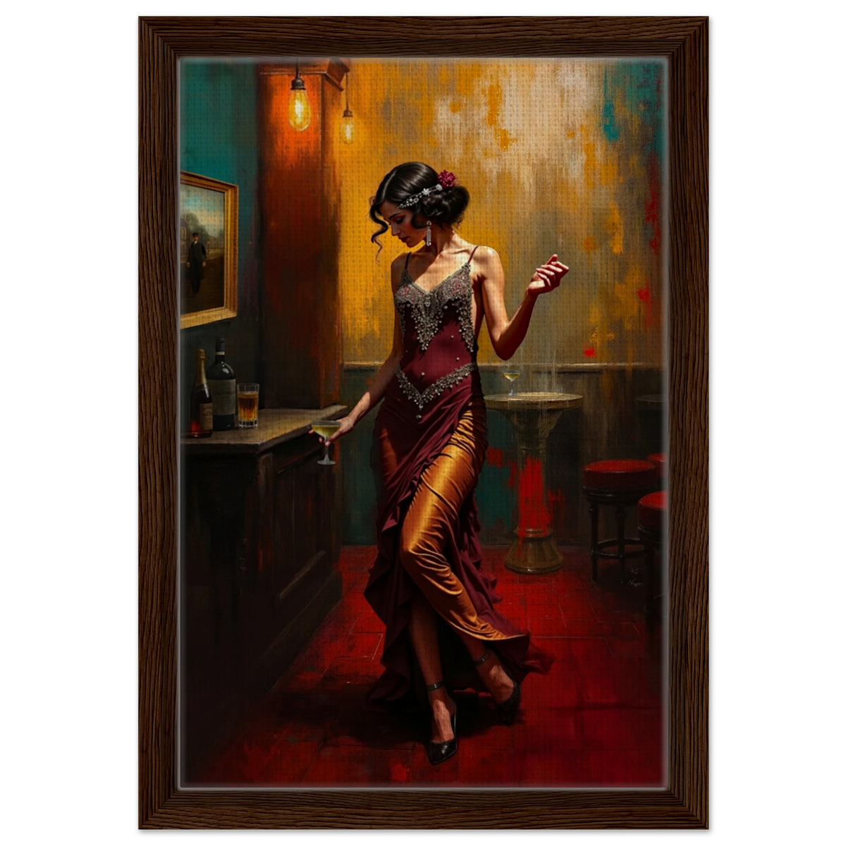 Speakeasy Flapper Art Prohibition Print 30x45 cm 12x18″ Framed Canvas Dark Brown Wood Frame