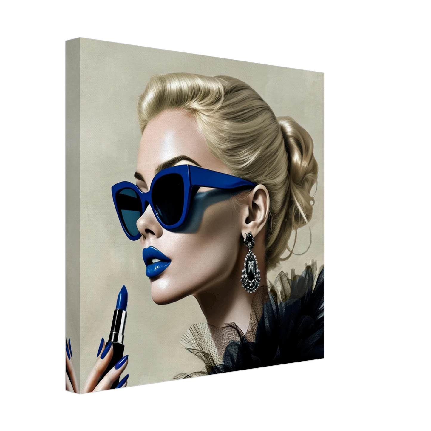 Retro Fashion Model Blue Lipstick Art Print 40x40 cm 16x16″ Gallery Wrapped Canvas