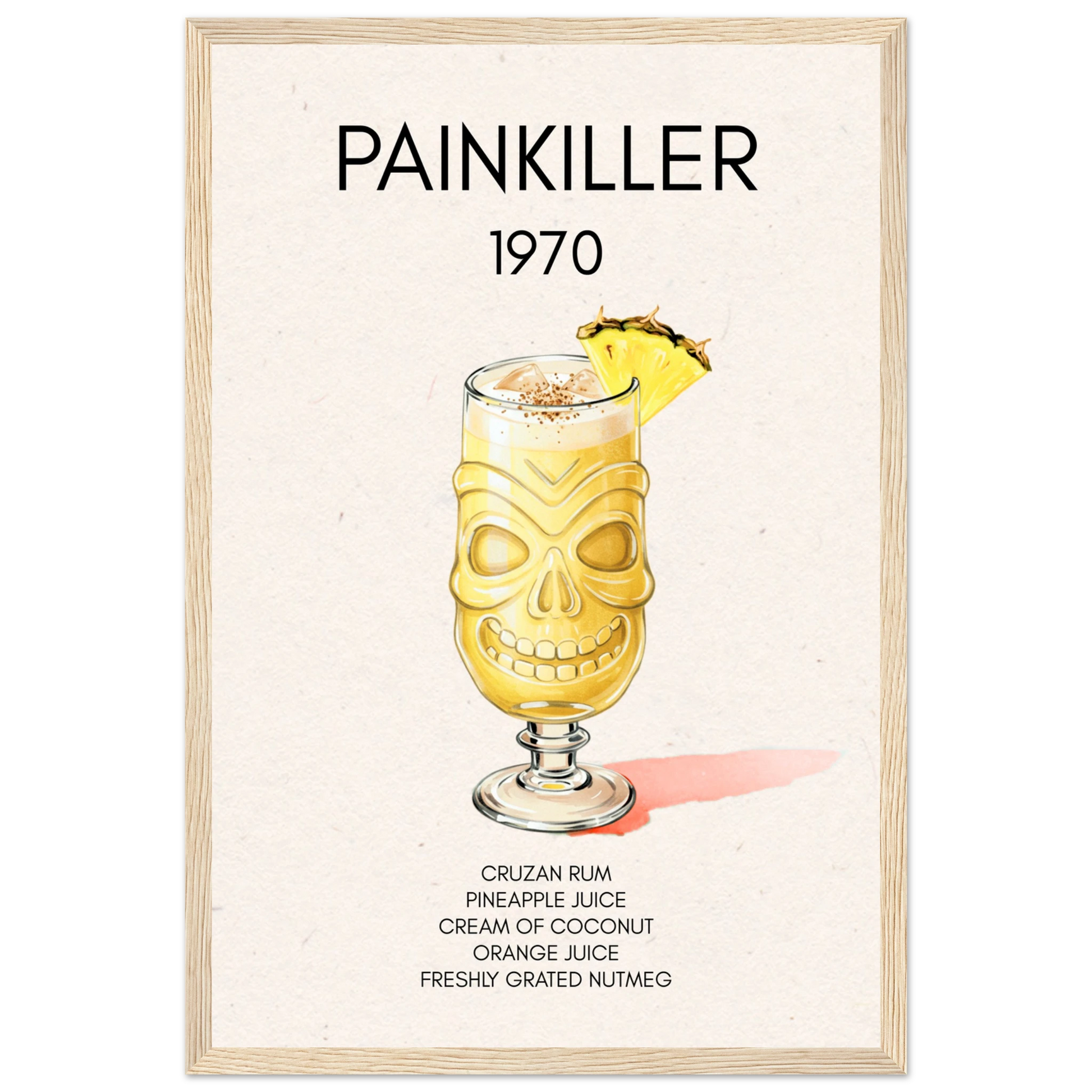 Painkiller Cocktail Bar Art Tiki Print Light Wood Frame 30x45 cm 12x18″ Premium Matte Paper Wooden Framed Poster