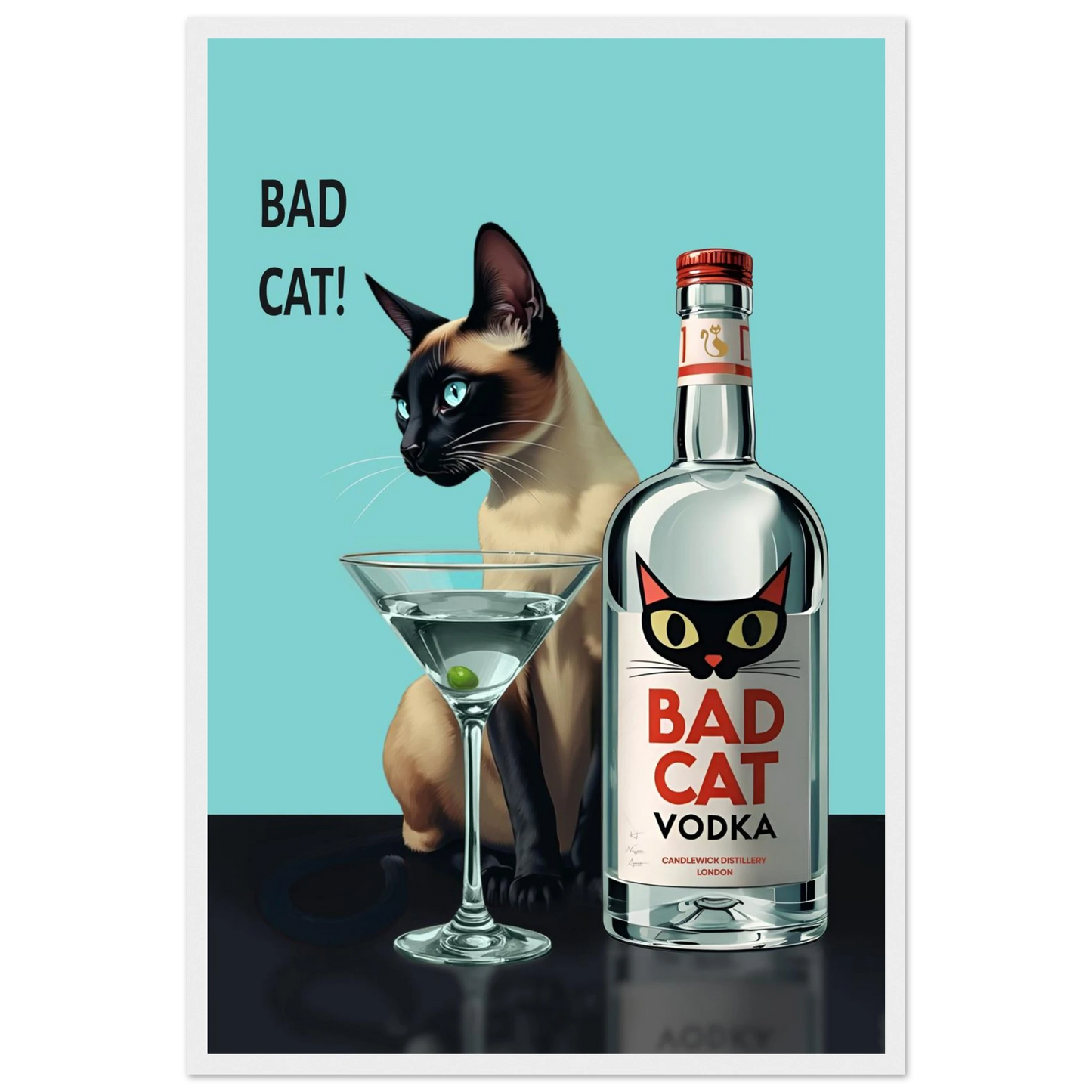 Siamese Cat Retro Martini Cocktail Bar Art Print Black Wood Frame 60x90 cm 24x36″ Framed Canvas