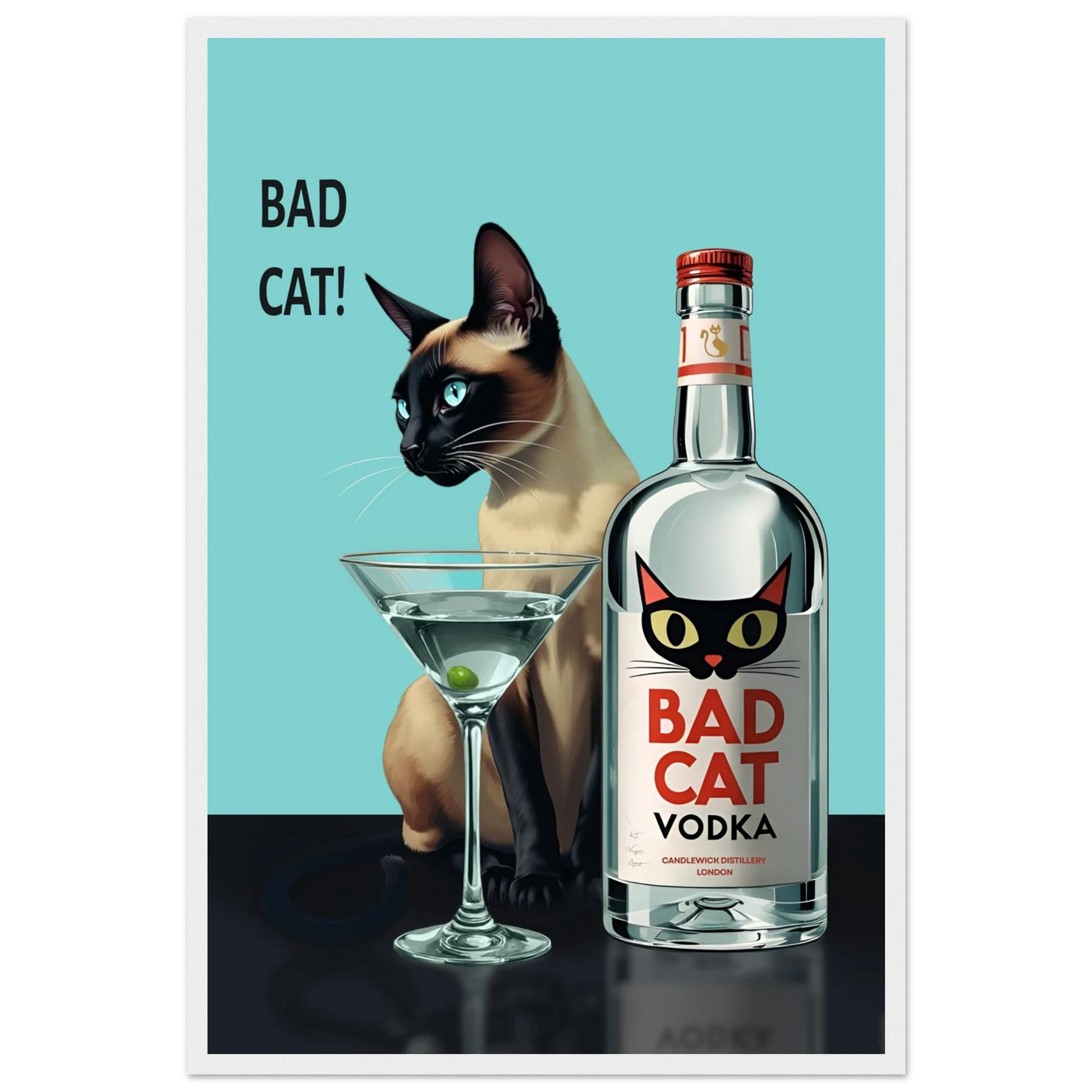 Siamese Cat Retro Martini Cocktail Bar Art Print Black Wood Frame 60x90 cm 24x36″ Framed Canvas
